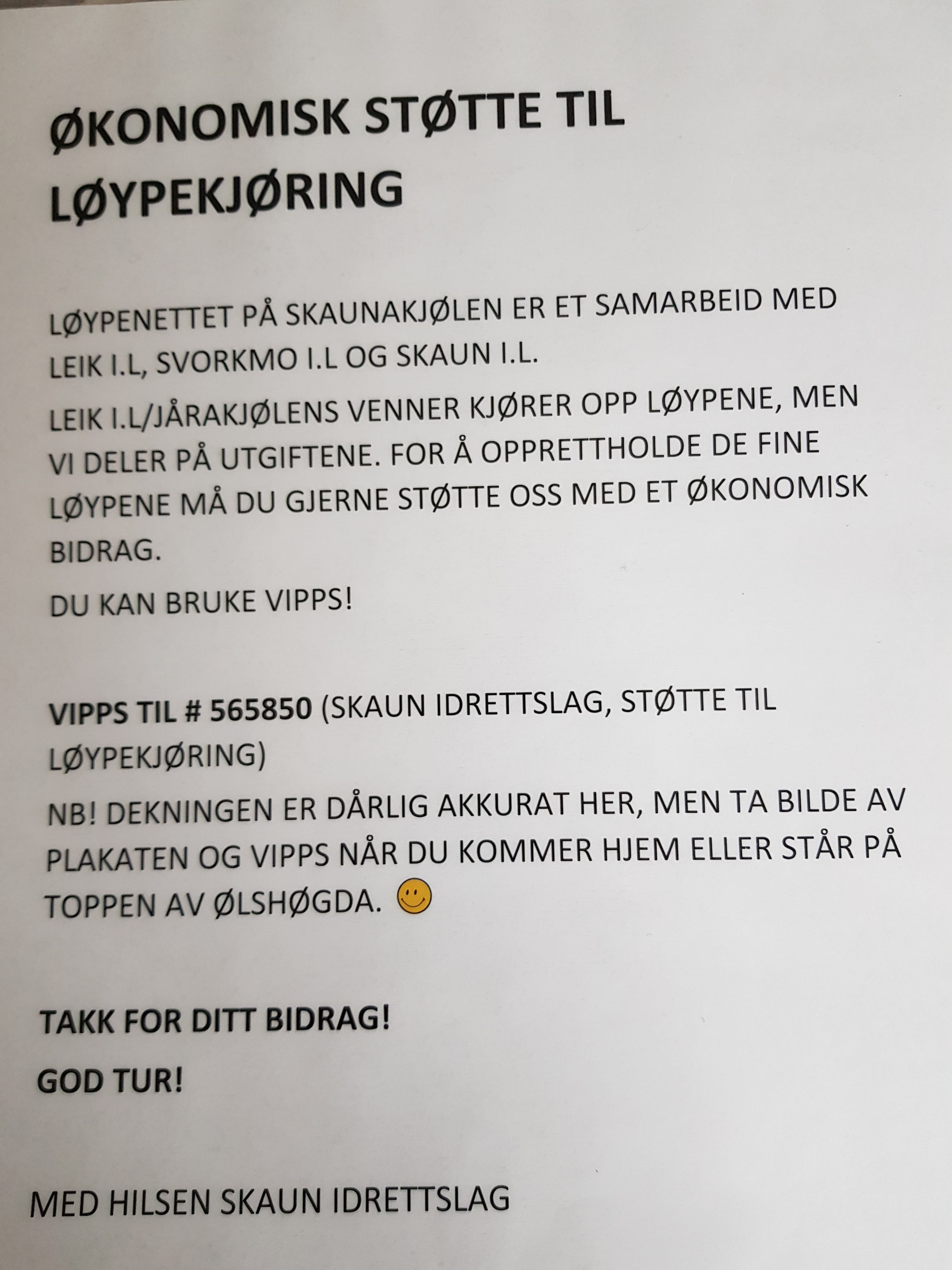 Vipps for å gi et økonomisk bidrag til løypekjøring