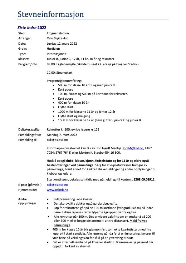 Invitasjon til Siste Indre lørdag 12 mars