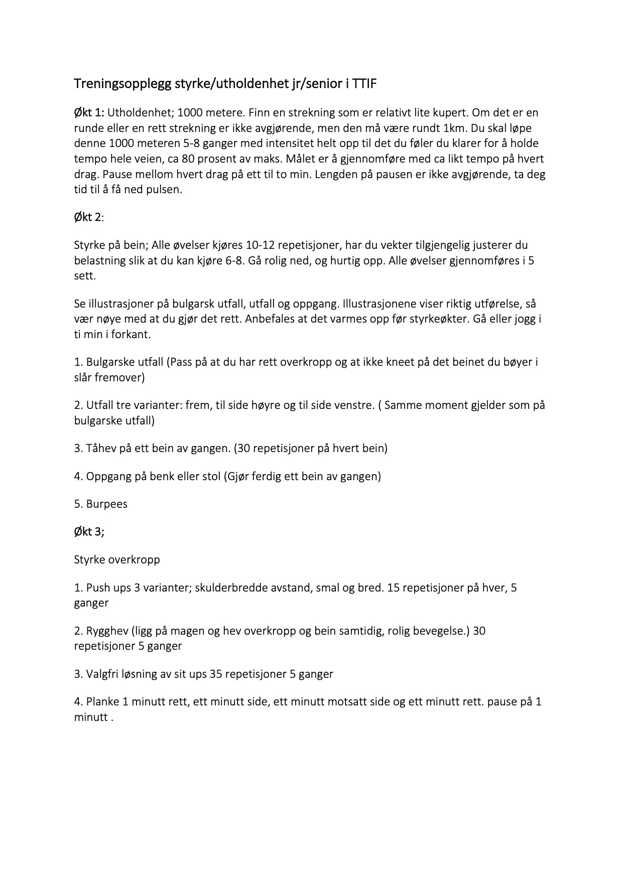 Treningsopplegg styrke/utholdenhet jr/senior i TTIF