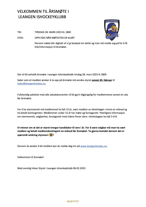 Varsel om årsmøte med frist for saker 20.02.2023