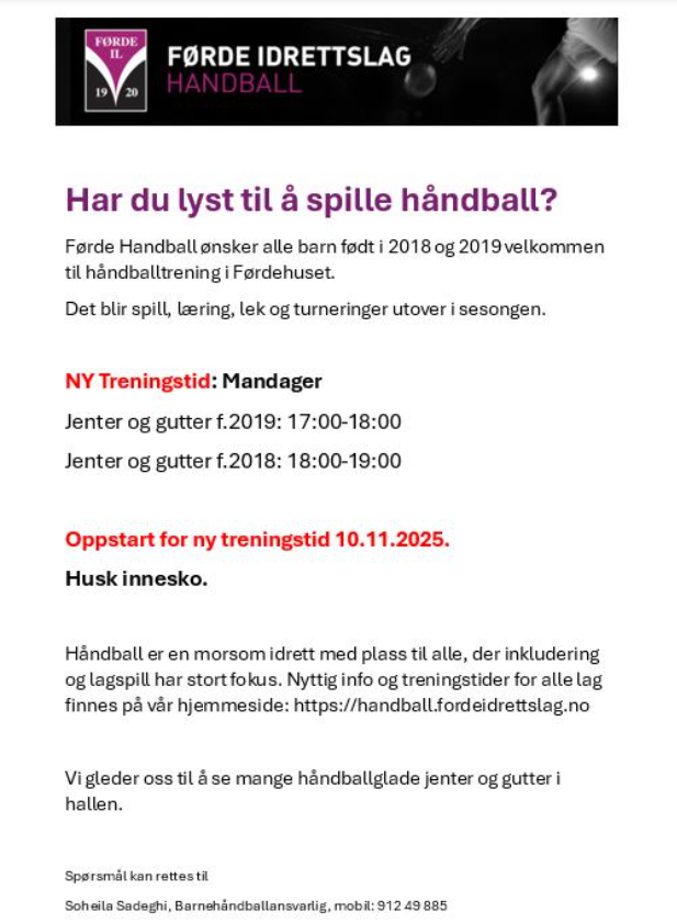 Endring i treningstider for 6 og 7 åringene