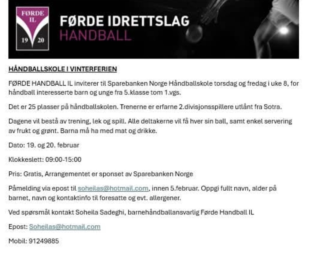 Håndballskole i vinterferien 