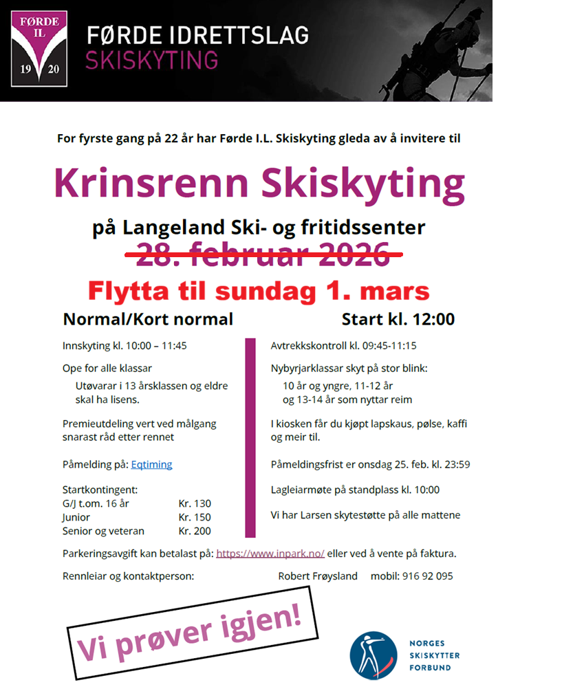 Krinsrenn Skiskyting flytta til Sundag 1. mars på Langeland