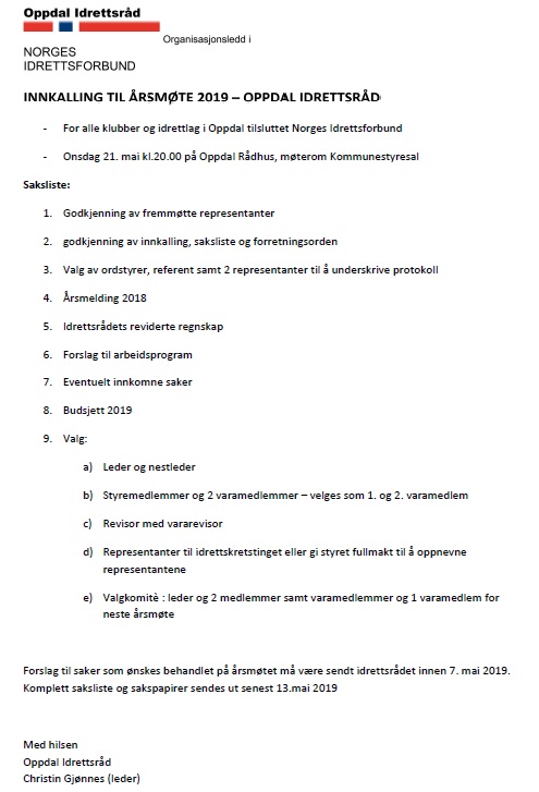 Innkalling til årsmøte i Oppdal Idrettsråd