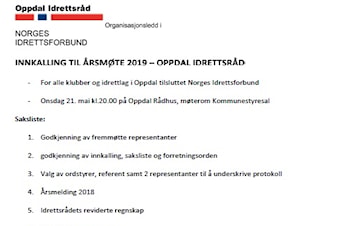 Innkalling til årsmøte i Oppdal Idrettsråd