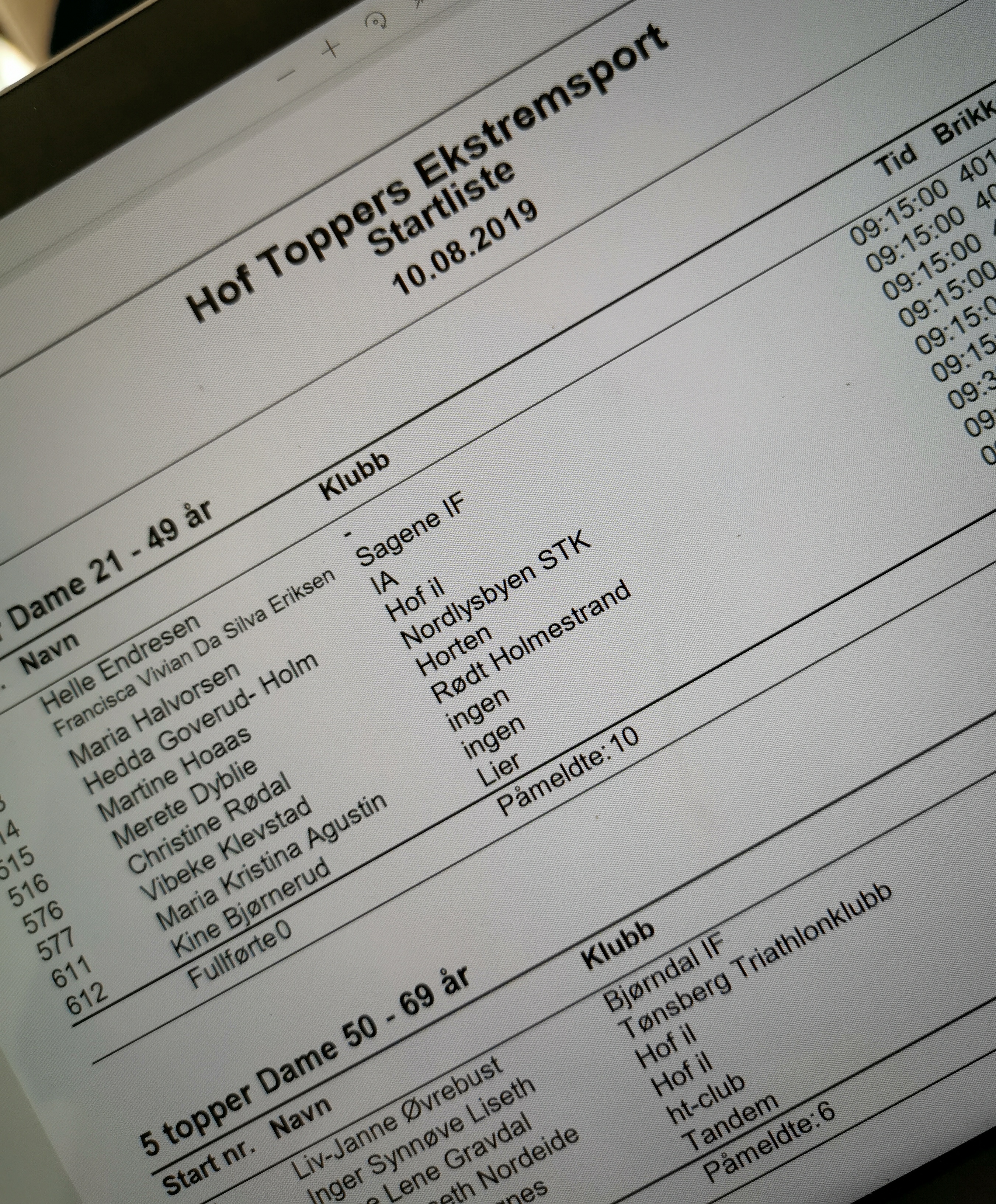 Startliste - mulighet for etteranmelding