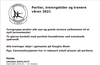 Partier, treningstider og trenere våren 2021