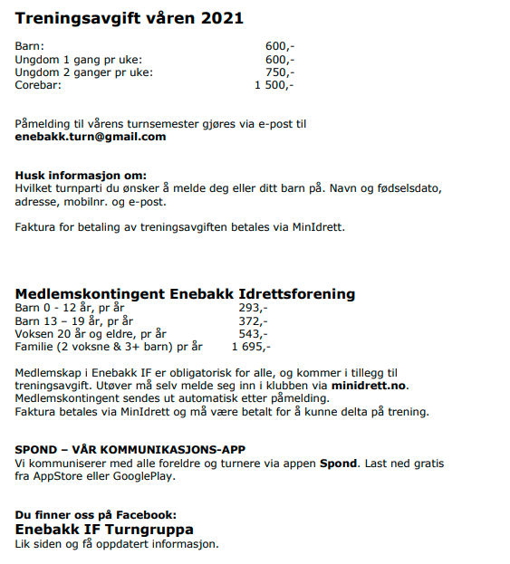 Treningsavgift og medlemskontingent 2021