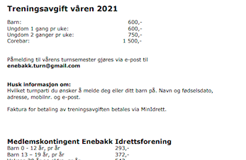 Treningsavgift og medlemskontingent 2021