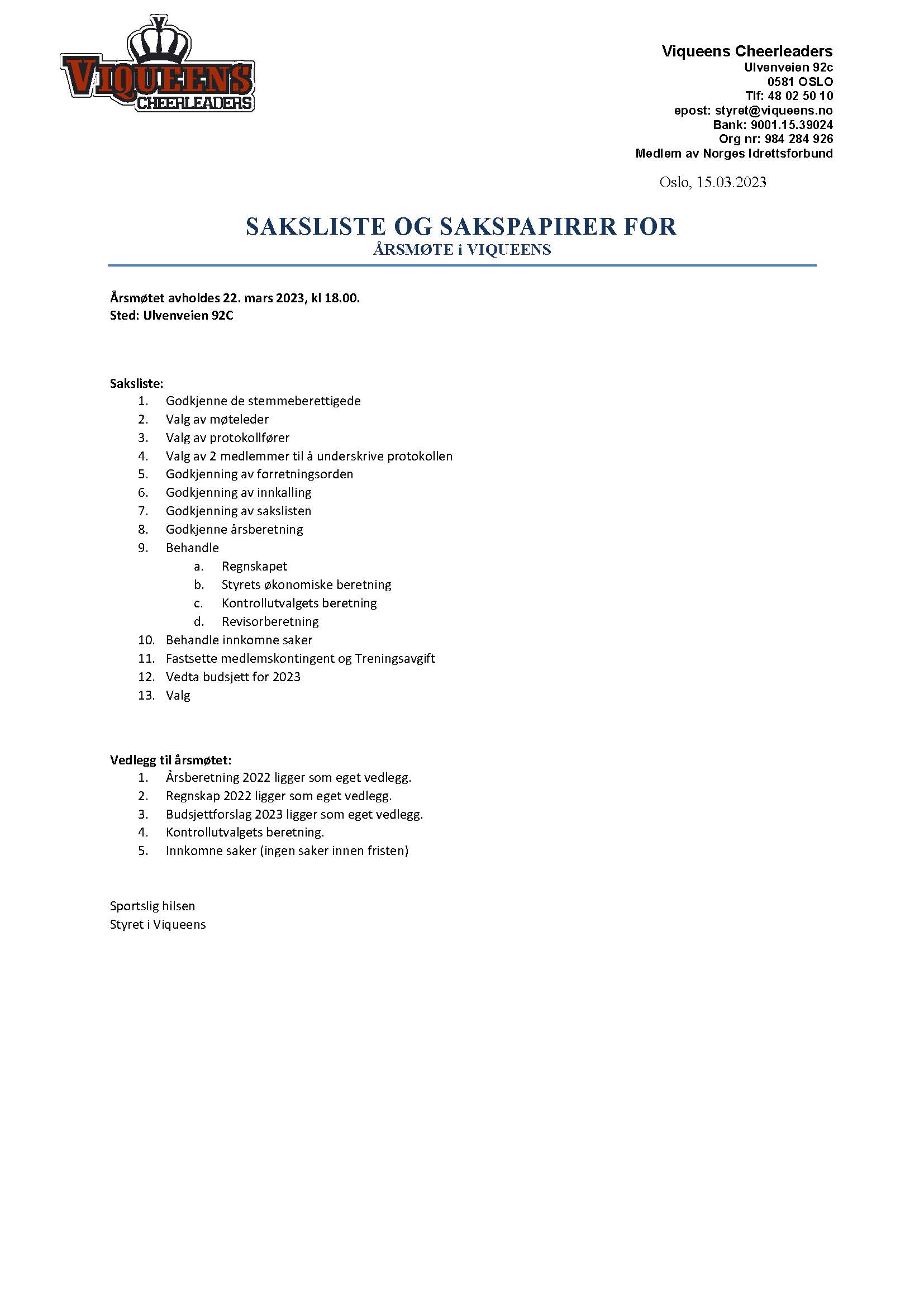 Sakspapirer til årsmøtet 22.mars 2023