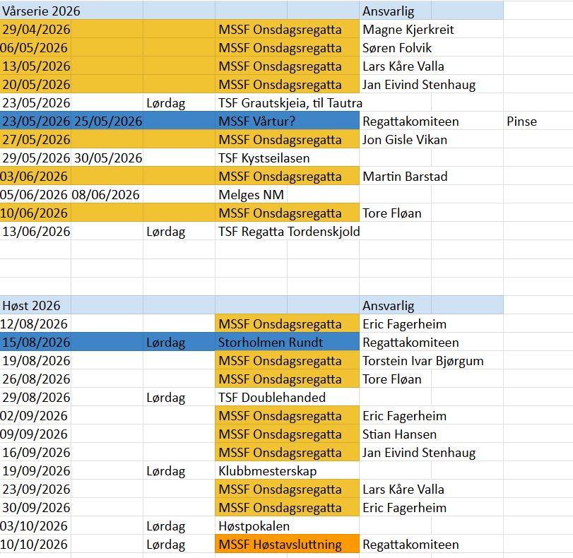 Terminliste for Malvik og Stjørdal Seilforening - 2026