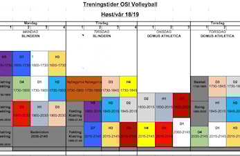 Treningstider for sesongen 2018/2019
