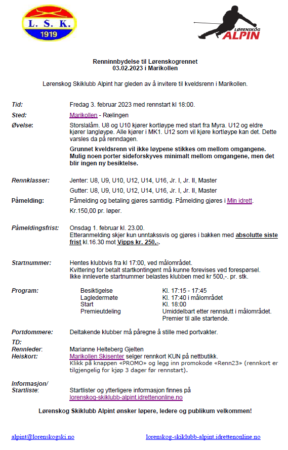 Renninnbydelse til Lørenskogrennet 03.02.2023 i Marikollen