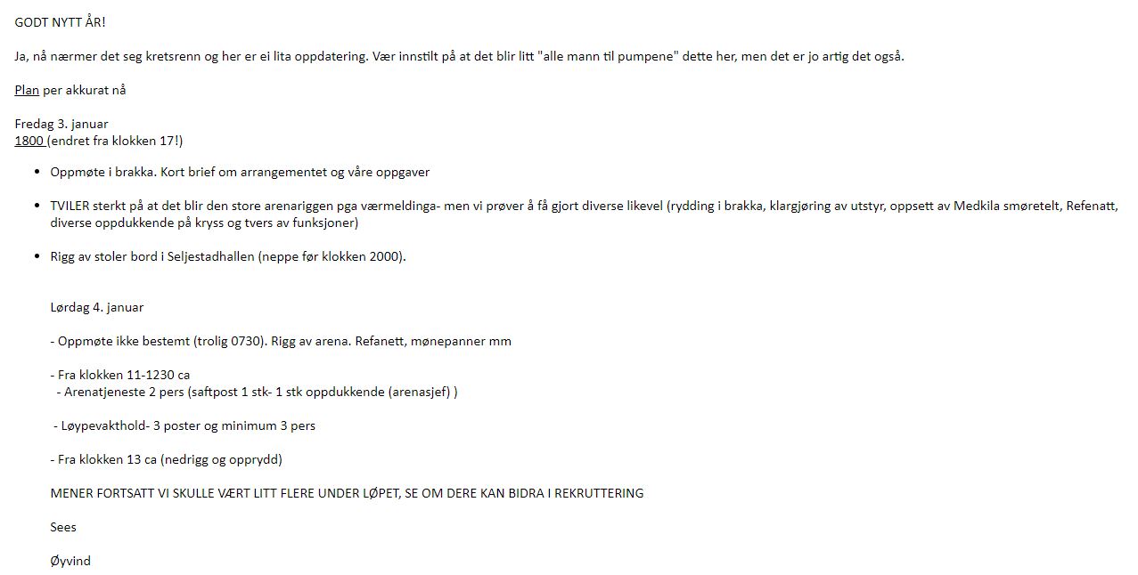 Oppmøte kretsrenn 4. jan