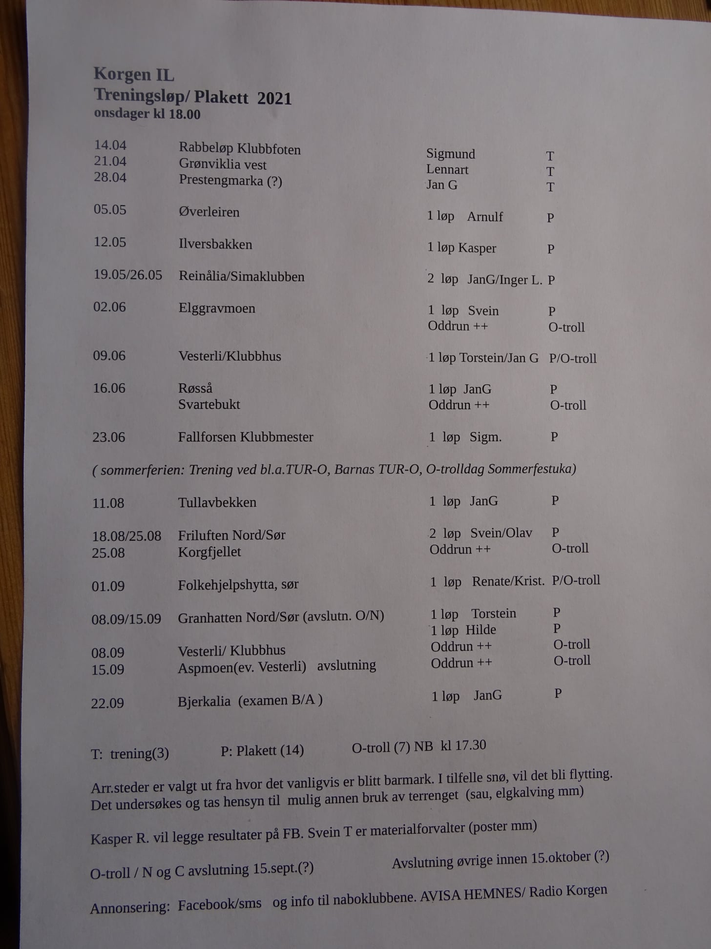 Terminliste orientering