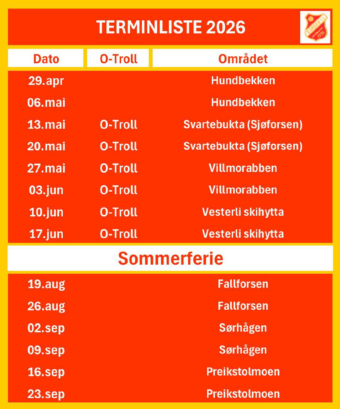 Terminliste orientering 2026