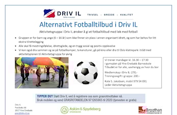 Alternativt Fotballtilbud i Driv IL, oppstart 3.9.18