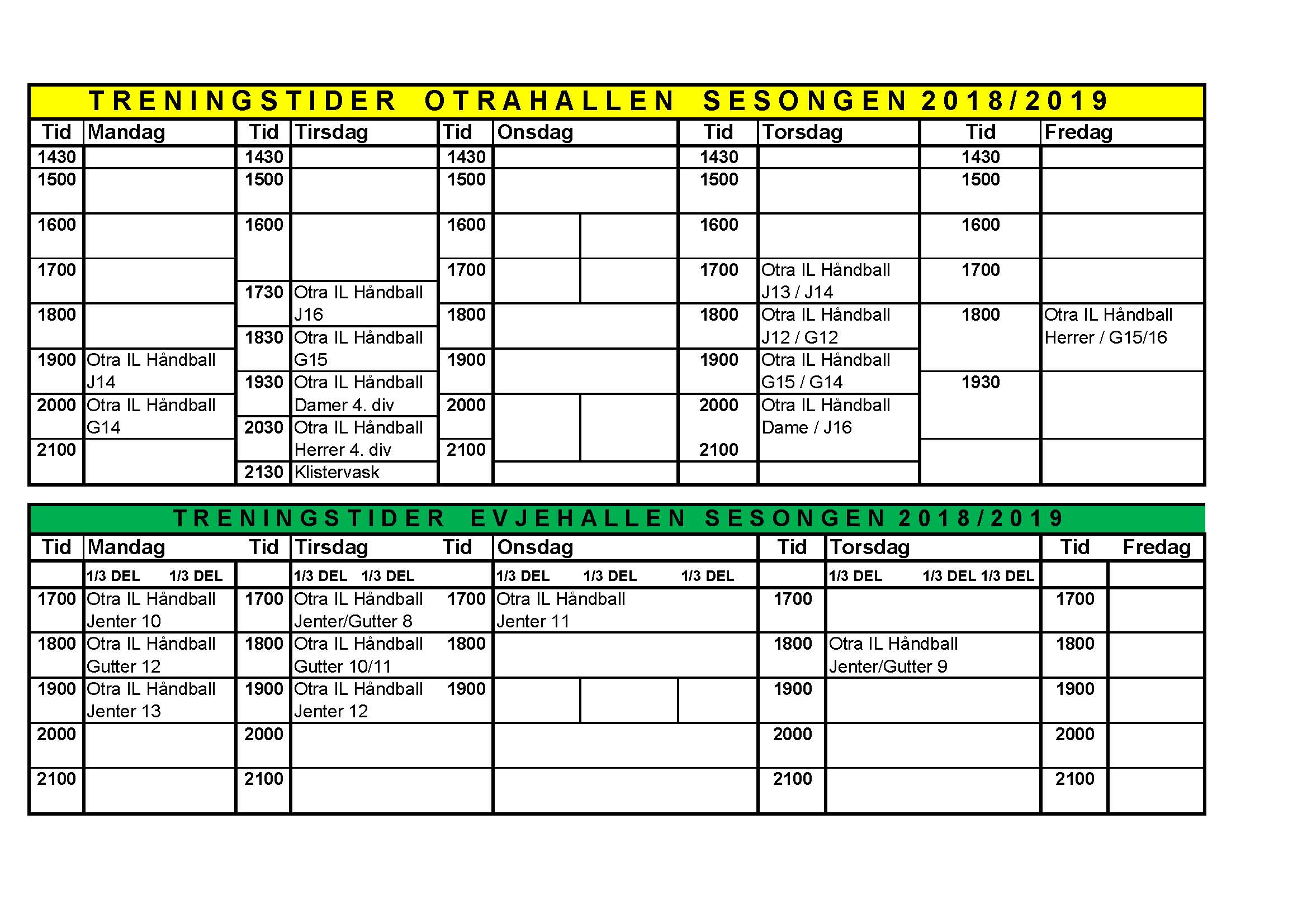 Treningstider håndball sesongen 2018/19