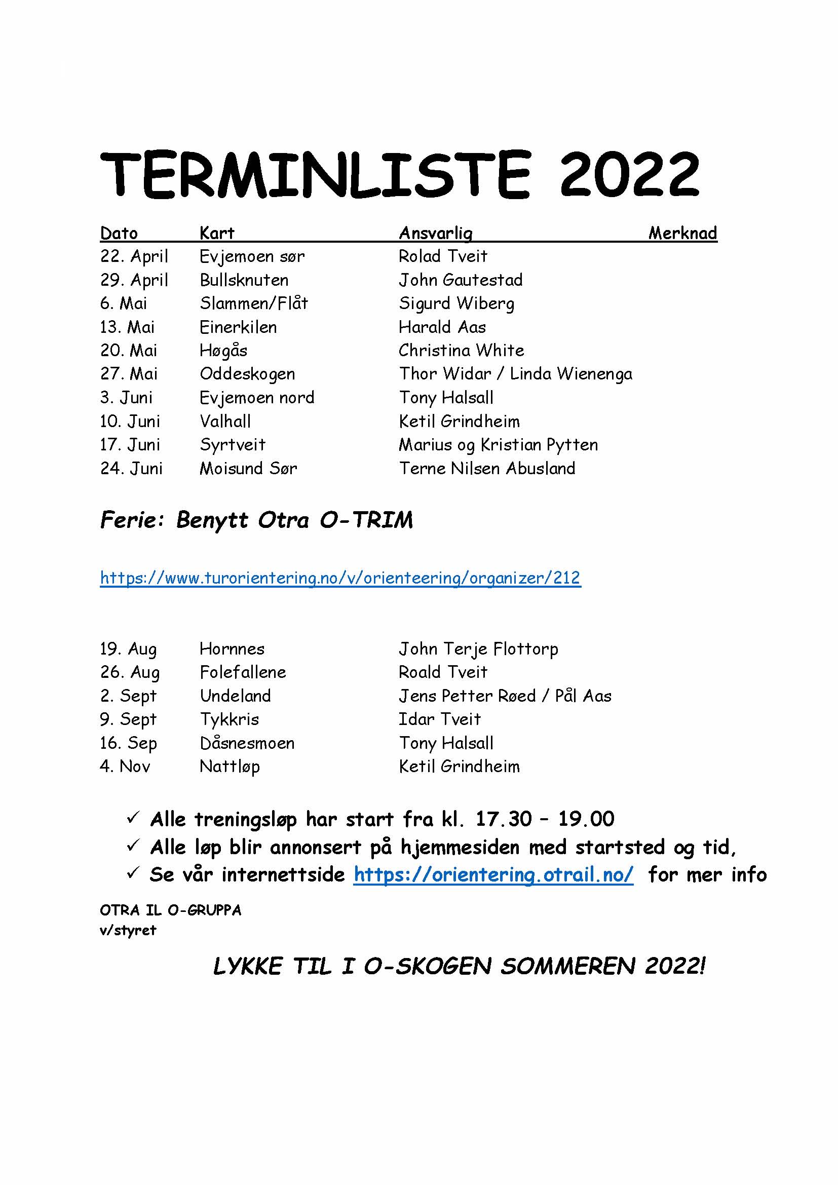 Terminliste 2022