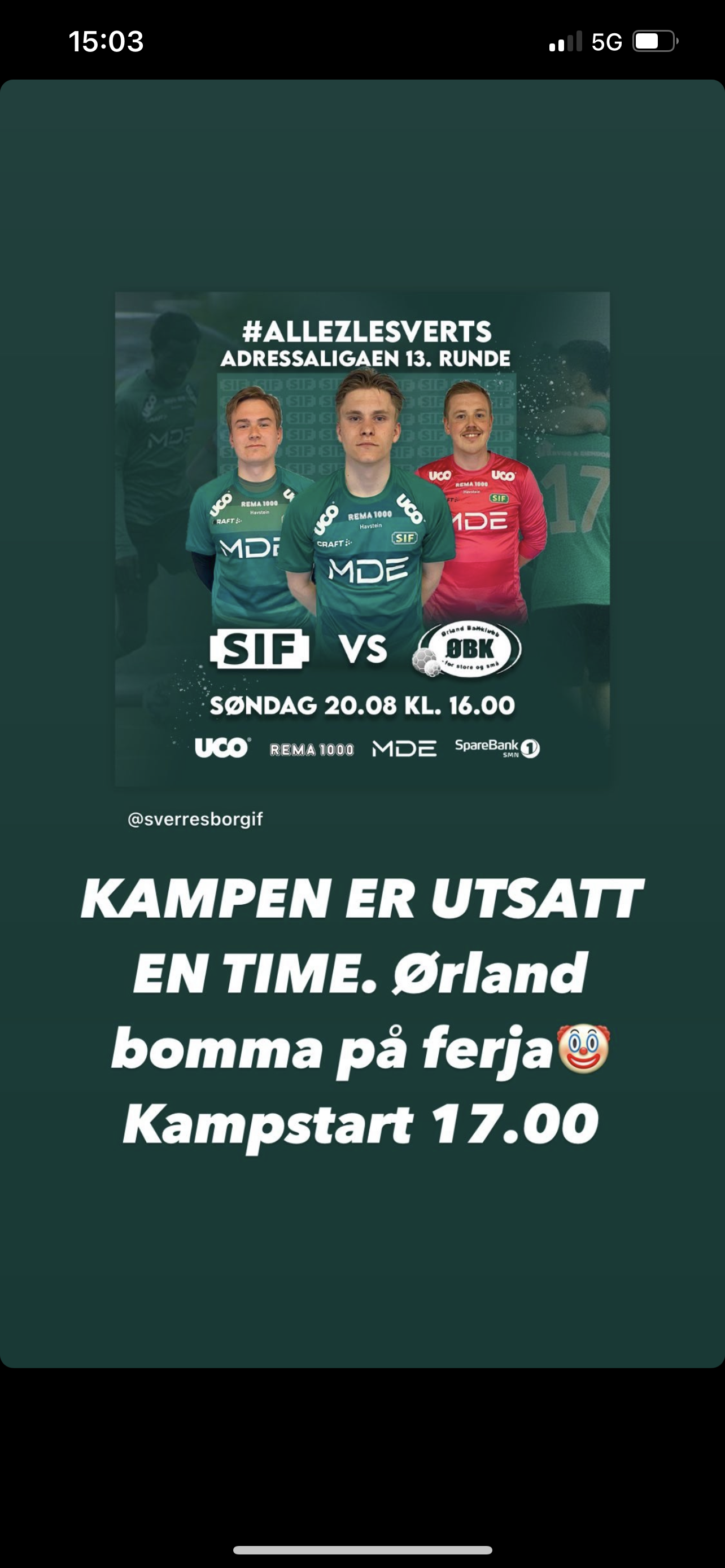 Kamp utsatt en time!