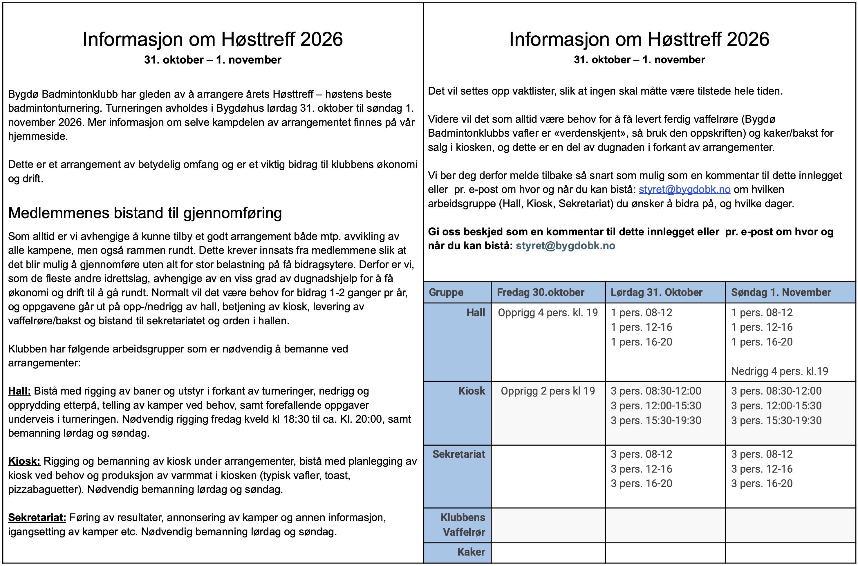 Informasjon om Høsttreff 2026