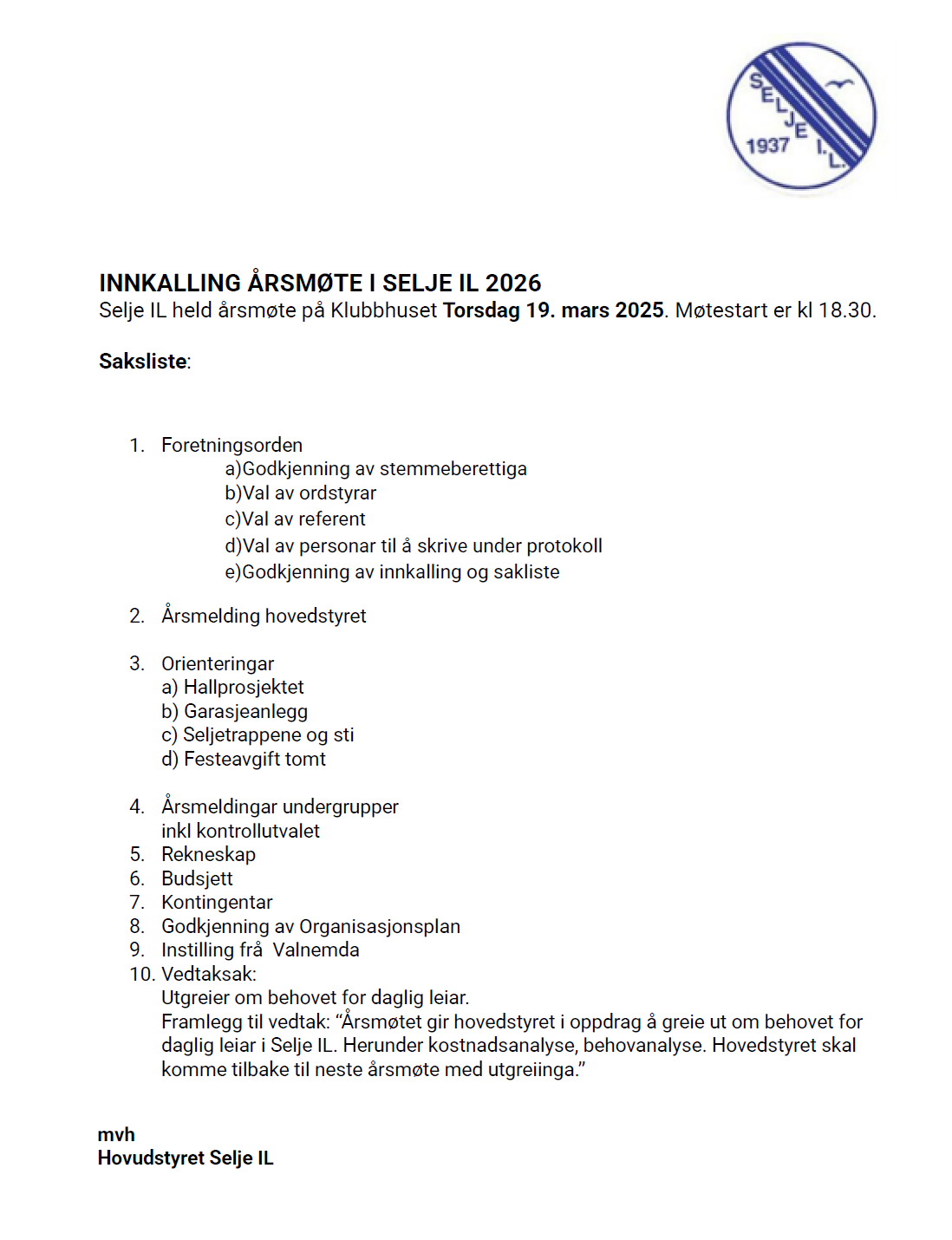 Image for Innkalling årsmøte Selje IL 2026