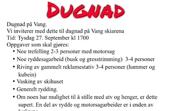 Dugnad - Vang Skiarena - 27. september 2022 kl 17:00