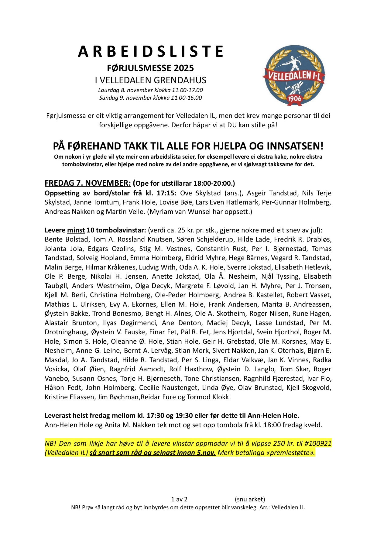 Arbeidsliste til Førjulsmessa