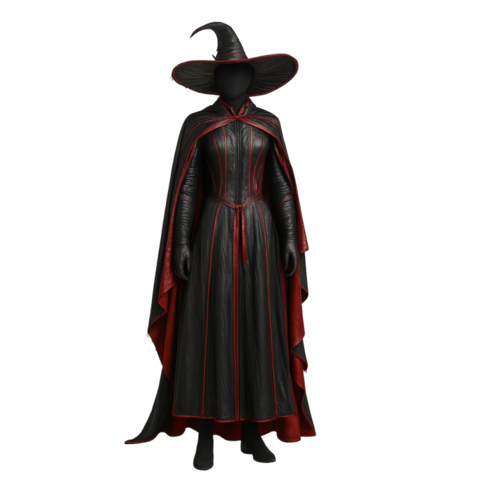 The Cinderhex Witch Set - Handmade Black and Red Leather Witch Cloak with Hat - Gothic Halloween Outfit