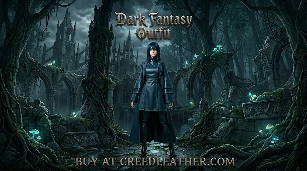 Anime inspired dark fantasy outfit featuring a woman wearing a black leather coat dress with long sleeves and high collar, standing in a mysterious gothic forest ruin setting with a dark fantasy aesthetic.