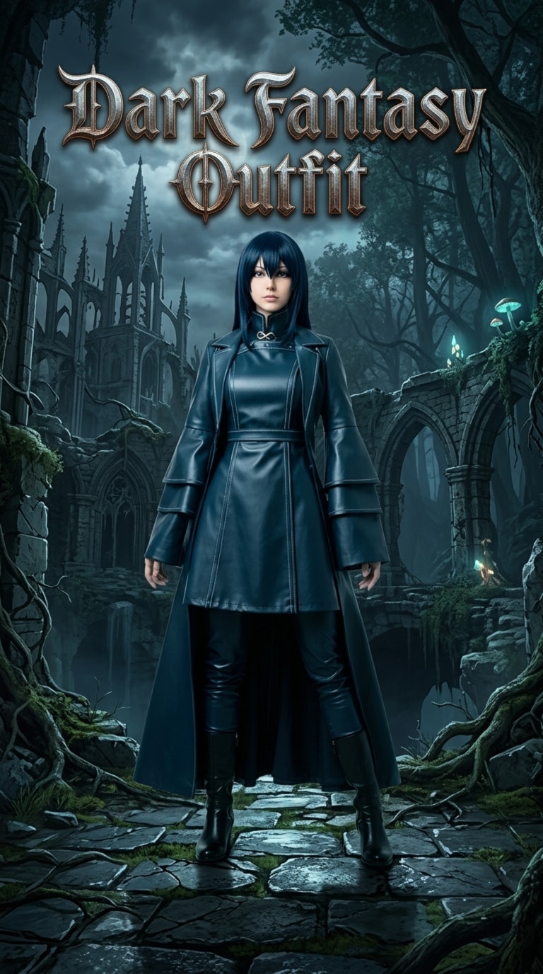 Anime inspired dark fantasy outfit featuring a woman in a black leather coat dress with long sleeves and high collar, standing in a gothic forest ruin with castle architecture and mysterious dark fantasy atmosphere.