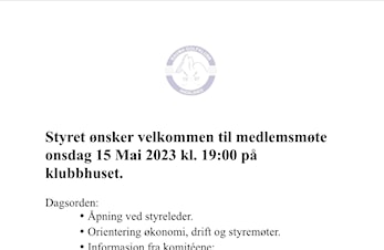 Medlemsmøte 15 mai.