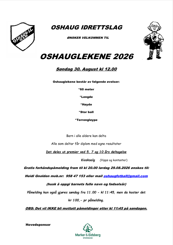 Oshauglekene søndag 30. august 2026