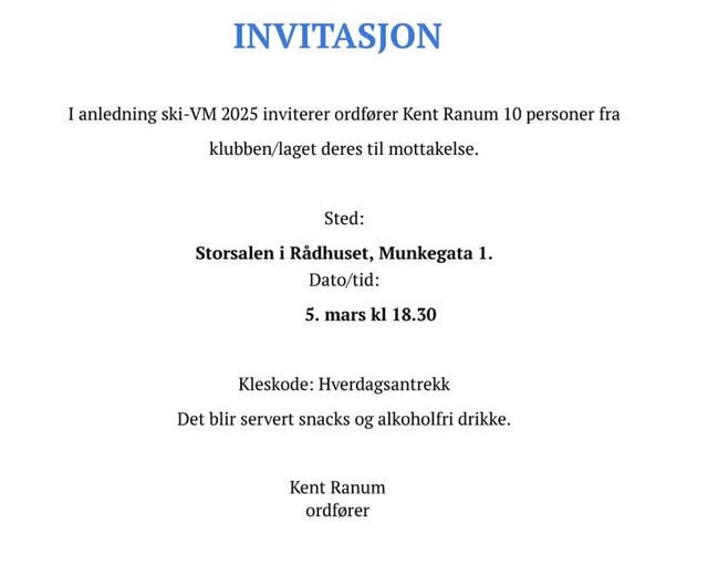 Ordfører Kent Ranum inviterer deg til rådhuset under Ski-VM. Vil du delta?