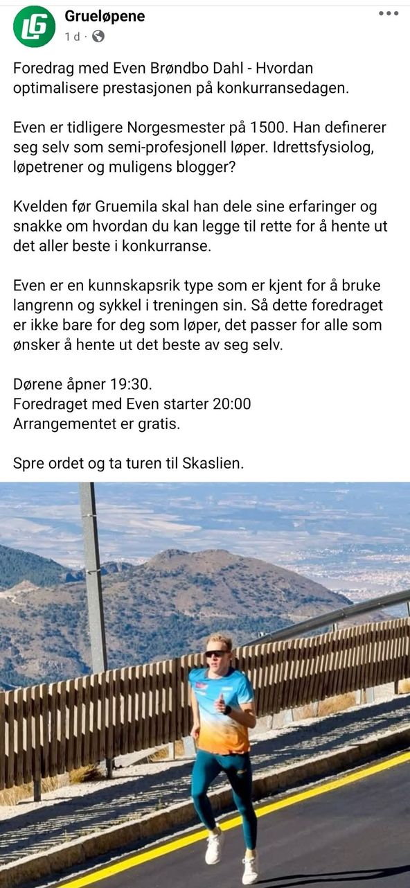 Foredrag, på Skaslien Gjestgiveri, fredag 26.09.25 - Hvordan optimalisere prestasjonen på konkurransedagen.