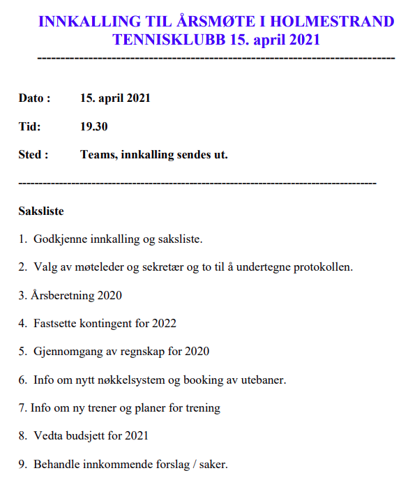 INNKALLING TIL ÅRSMØTE I HOLMESTRAND TENNISKLUBB 15. april 2021