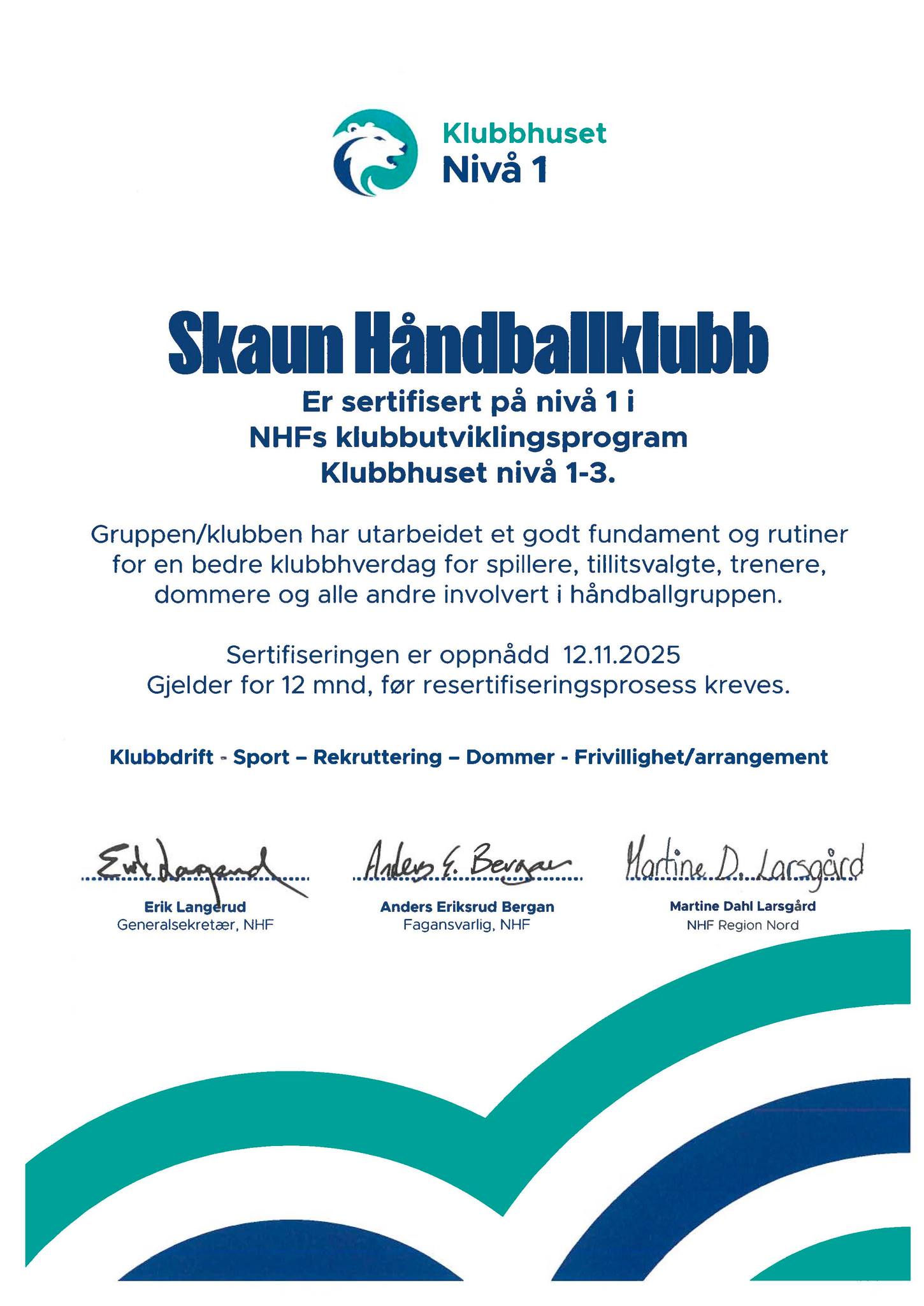 Image for Skaun Håndballklubb er sertifisert til Klubbhuset nivå 1