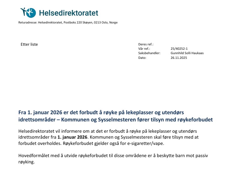 Forbud mot å røyke på utendørs idrettsområder