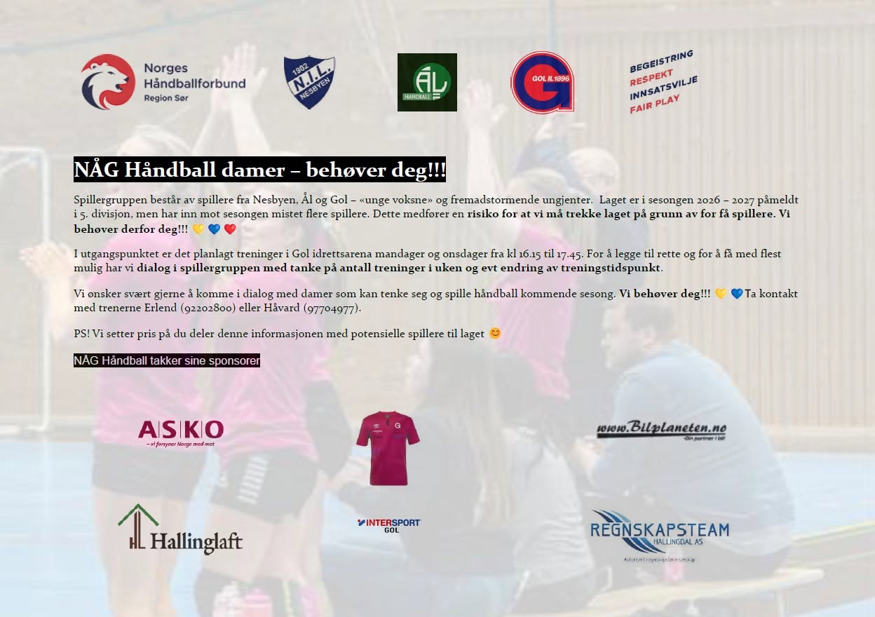NÅG Håndball damer behøver deg!! 