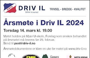 Årsmøte Driv IL torsdag 14.03.2024 NB MØTET ER FLYTTET TIL 21.03.2024