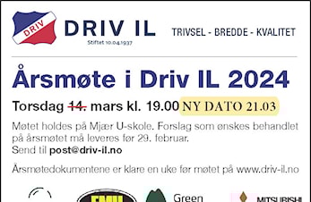 Årsmøte i Driv IL er flyttet til 21.03.2024