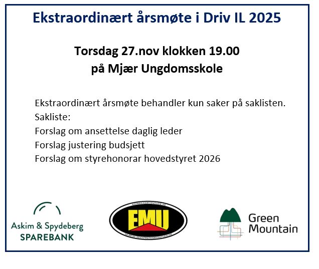 Ekstraordinært årsmøte i Driv IL 27.11.2025