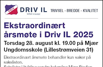 Ekstraordinært årsmøte i Driv IL 2025 Torsdag 28.august klokken 19.00