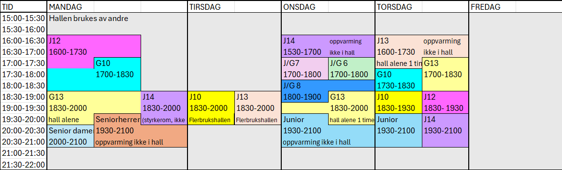 Treningstider 2026/27