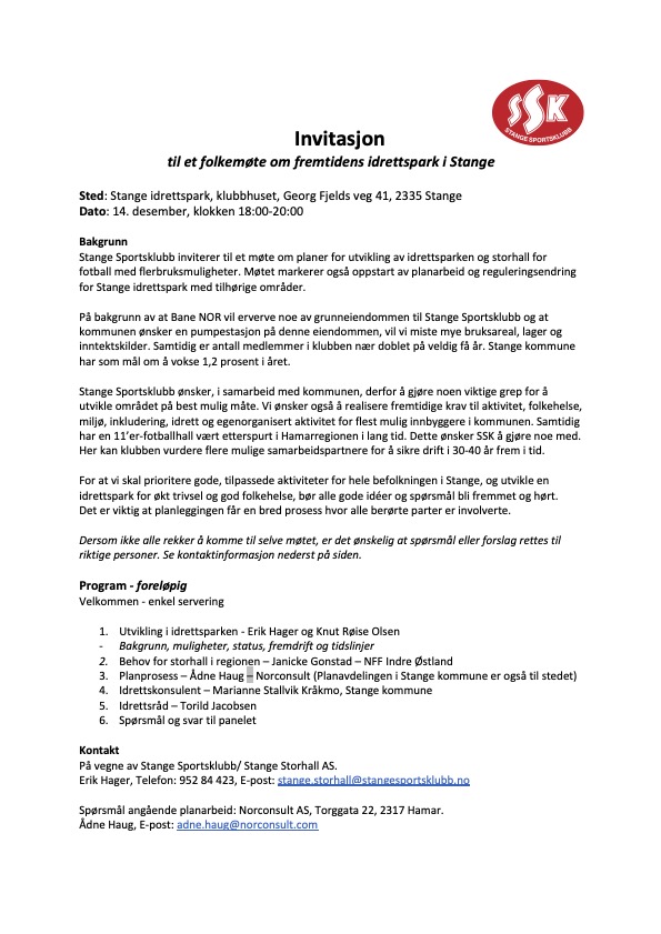 Invitasjon til folkemøte om fremtidens idrettspark i Stange