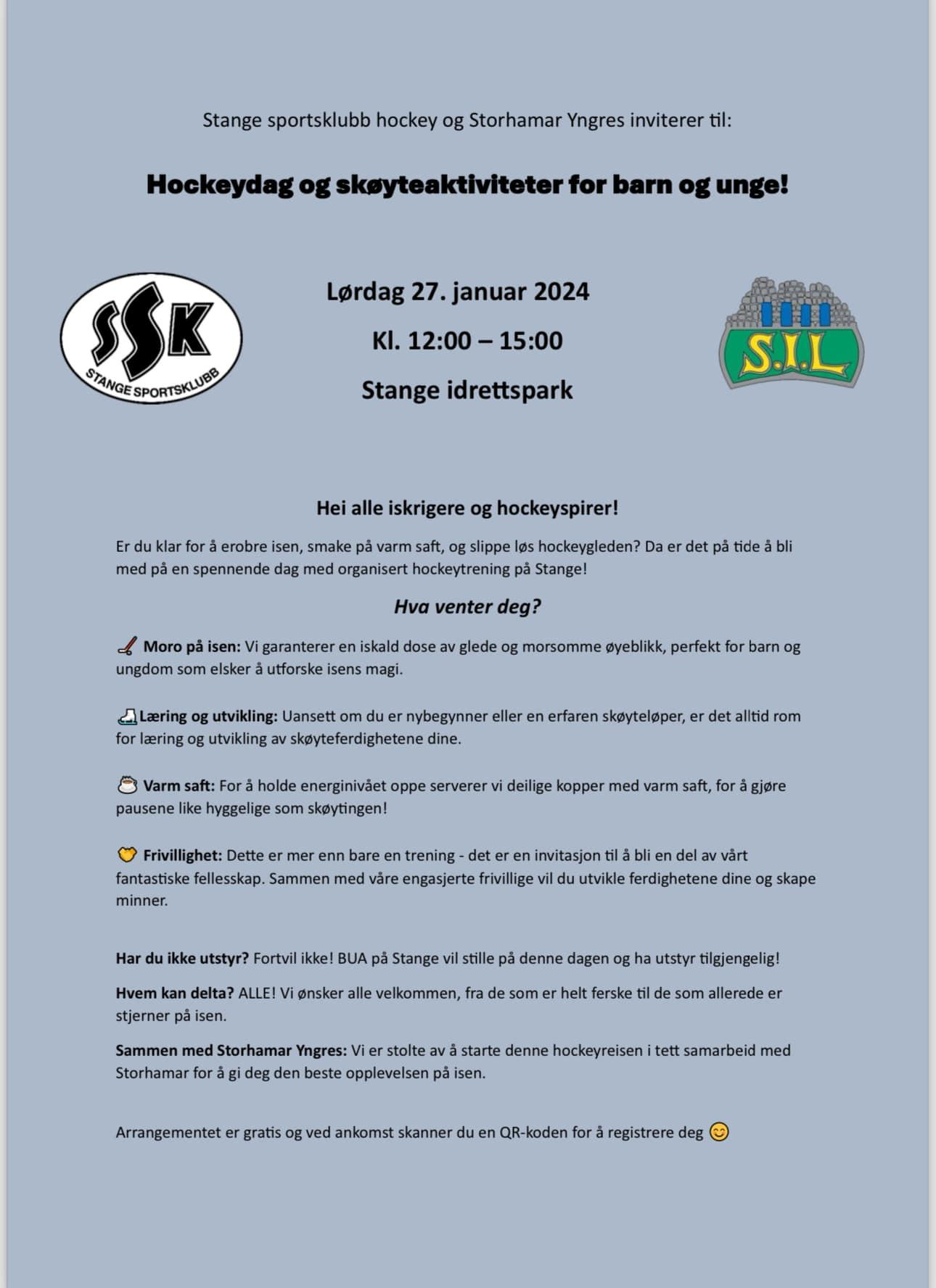 Velkommen til åpen ishockey/ skøytedag lørdag 27.01.24 