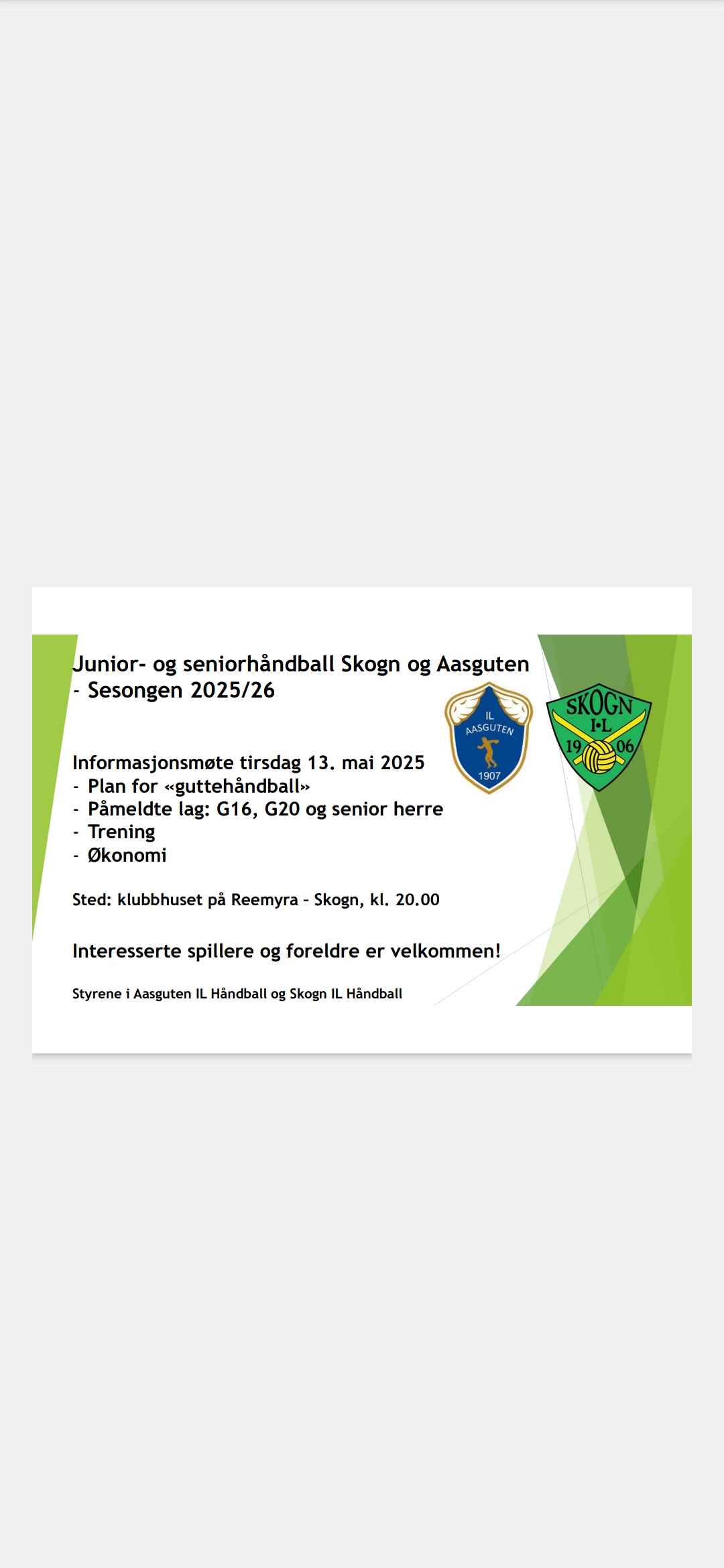 Infomøte om neste års junior/herretilbud fra Skogn og Aasguten