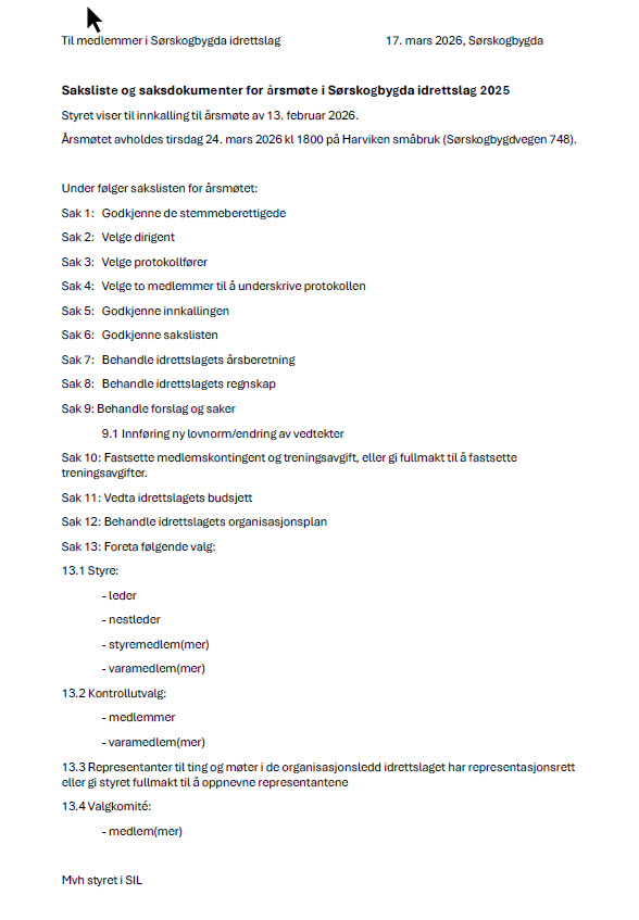 Saksliste til årsmøte i Sørskogbygda Idrettslag for 2025