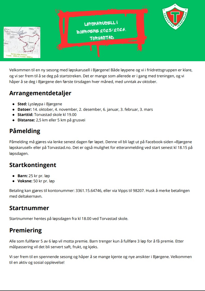 Da er det klart for ny sesong med løpskarusell i Bjørgene! Velkommen til 1. løp tirsdag 14.oktober.