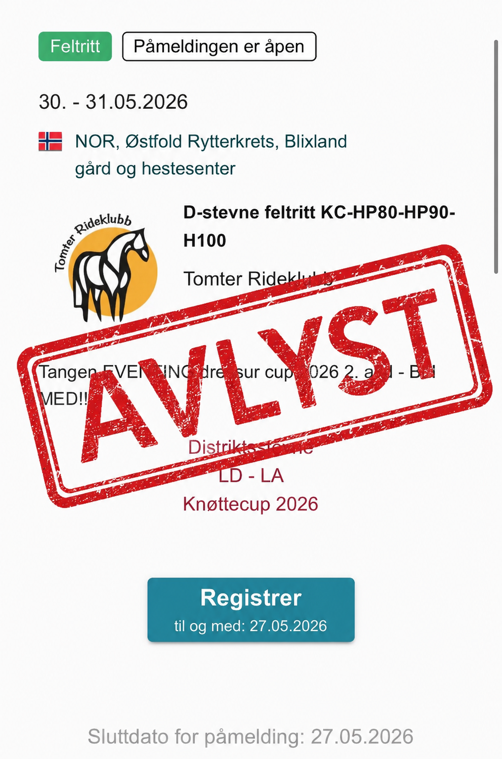 Image for Feltrittstevne 30-31. mai er avlyst